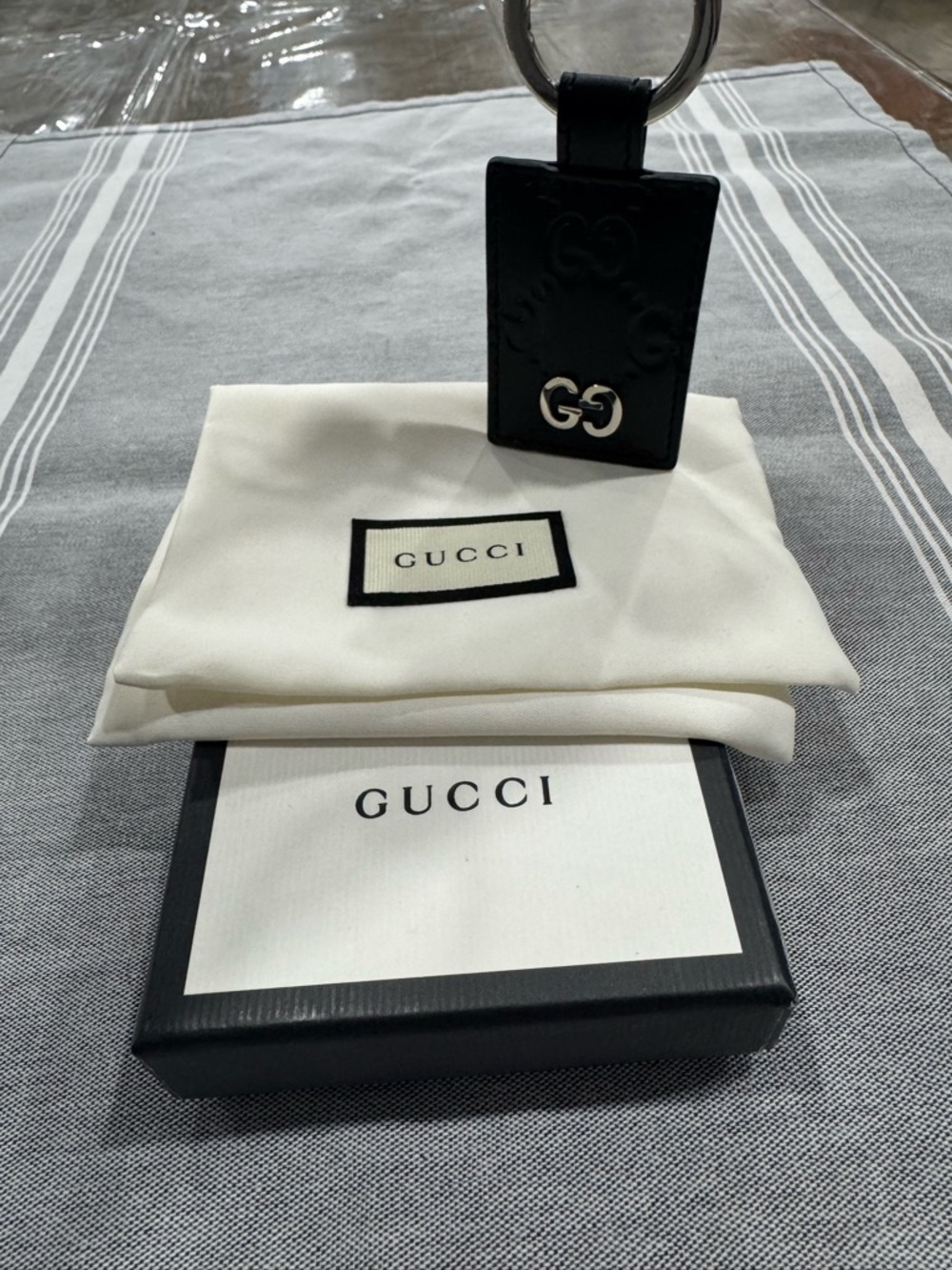 Gucci Black Leather Embossed GG Keyring with Silver Hardware